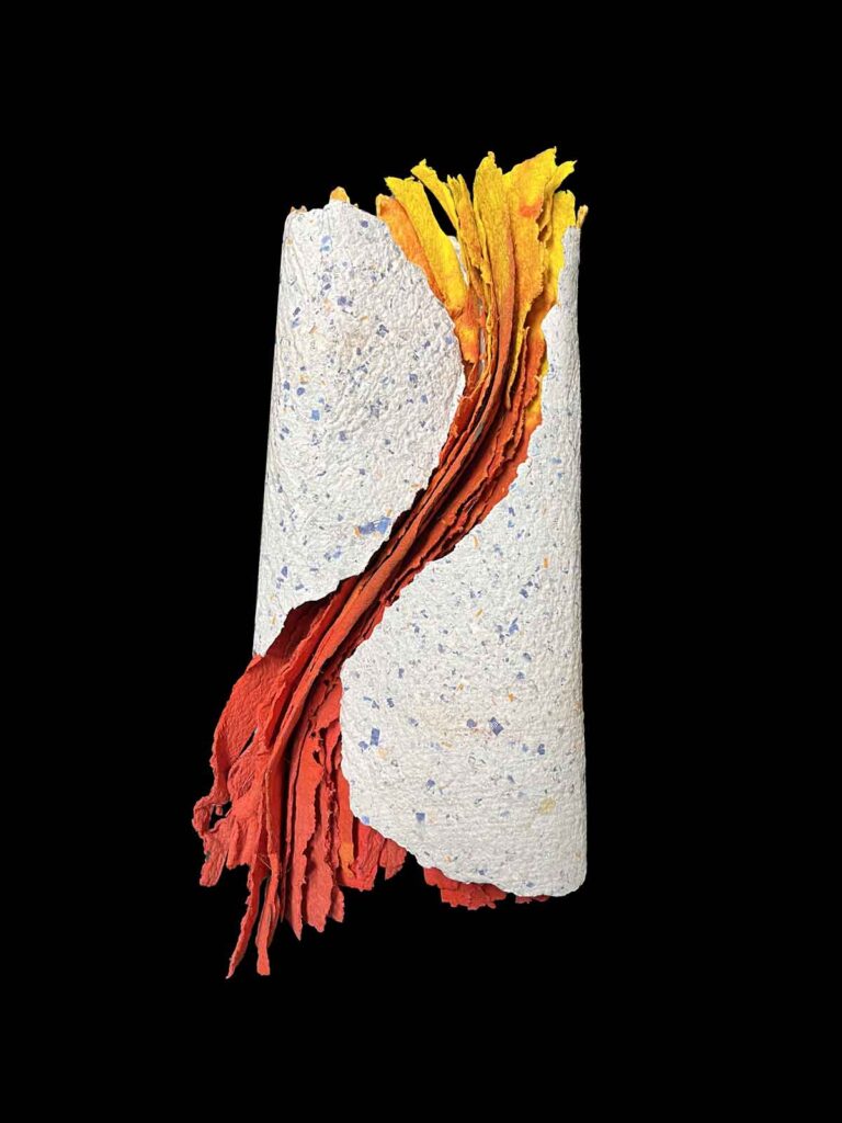 Handmade paper art by Paul Tury yellow and red with white recycled paper